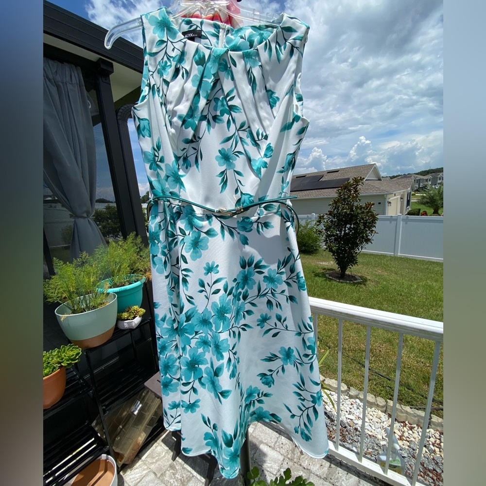Alyx Dress White w/ Green Floral
Pattern, Pleated Chest, Matching Belt